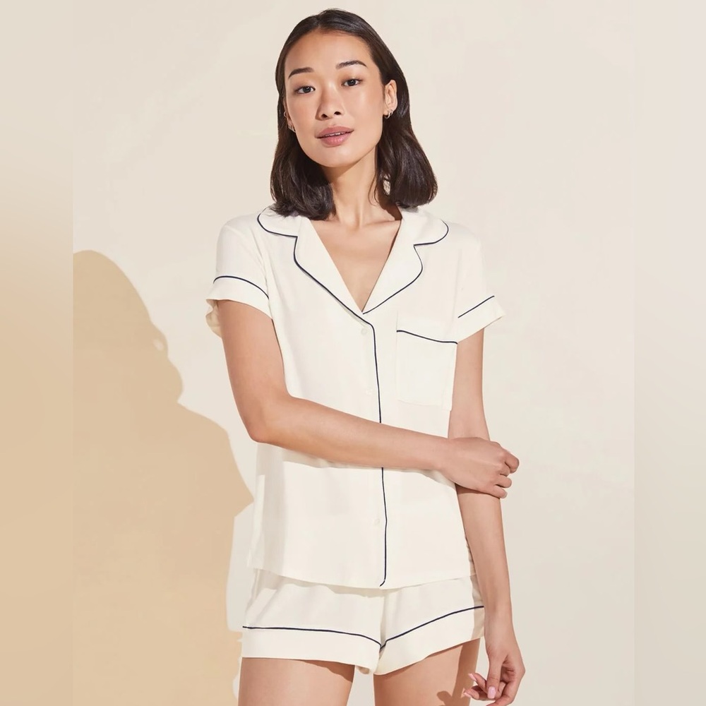 Eberjey Gisele Shortie Short PJ Set in Ivory/Navy